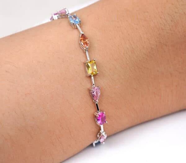 Rainbow multi color Sterling Silver Bracelet with Assorted Shaped Links