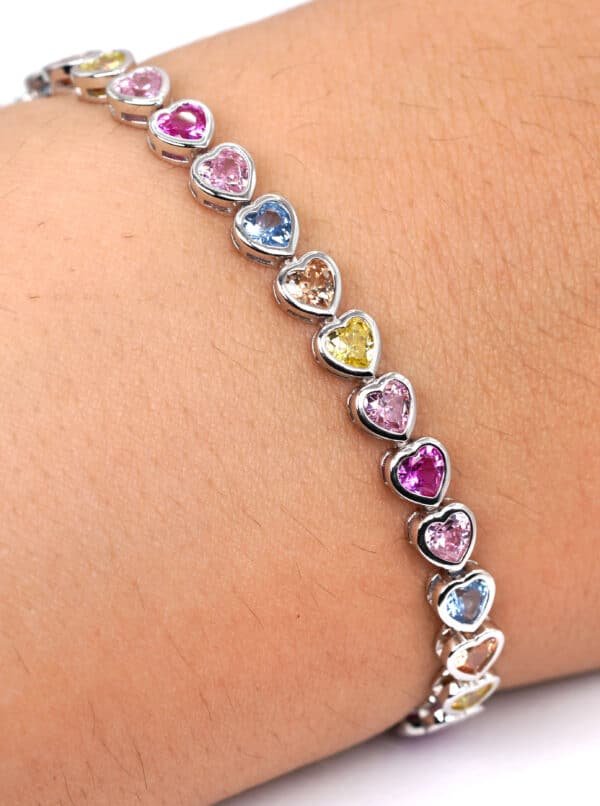 Rainbow Zircon Sterling Silver Tennis Bracelet with Linked Hearts - Image 5