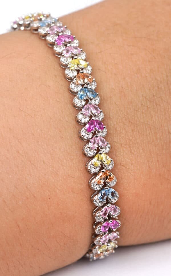 Multicolored Rainbow Zircon Heart Tennis Bracelet in Sterling Silver - Image 5