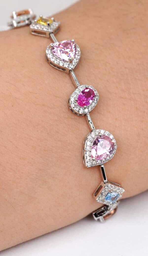 Sparkling Rainbow Charm Bracelet: Sterling Silver with Multifaceted Zircon Hearts, Squares, Ovals, and More! - Image 5