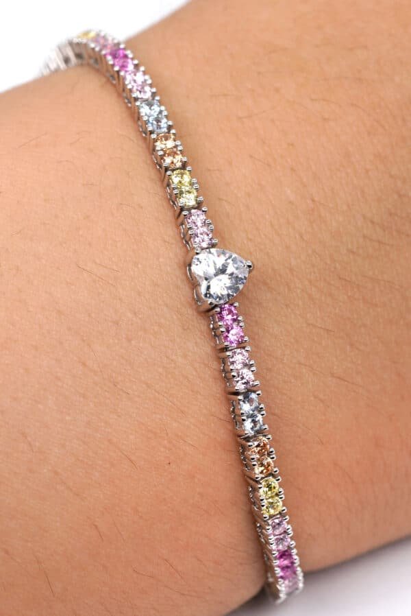 Elegant Sterling Silver Tennis Bracelet with 5A Quality Zircon Stones in Rainbow Colors and Heart-shaped Center - Image 2