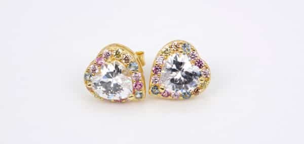 Colorful Zircon Heart-Shaped Stud Earrings with Diamond-Cut Center Stone in Sterling Silver, Gold, and Rhodium Plating