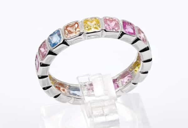 Vibrant Rainbow Square Sterling Silver Ring with Sparkling Zircon Stones