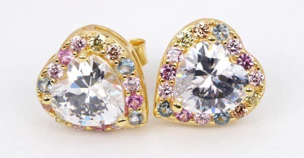 Colorful Zircon Heart-Shaped Stud Earrings with Diamond-Cut Center Stone in Sterling Silver, Gold, and Rhodium Plating - Image 7
