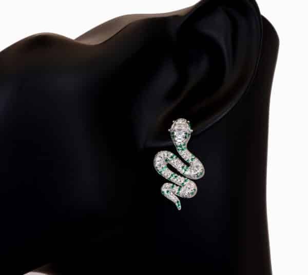 925 Sterling Silver Snake Stud Earrings with Enchanting Green Emerald  Eyes and Sparkling Zircon - Image 4