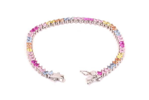 925 Sterling Silver Heart-Shaped Bracelet with 5A Cubic Zirconia Diamonds - Vibrant Rainbow Design