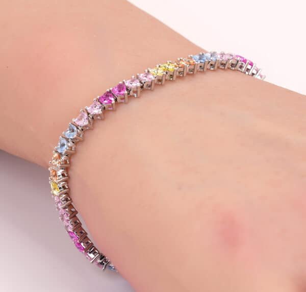 925 Sterling Silver Heart Shaped Bracelet with 5A Cubic Zirconia Diamonds – Rainbow Design