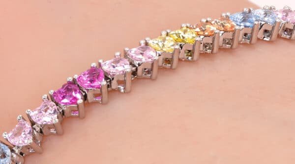 925 Sterling Silver Heart Shaped Bracelet with 5A Cubic Zirconia Diamonds -  Rainbow Design - Image 3